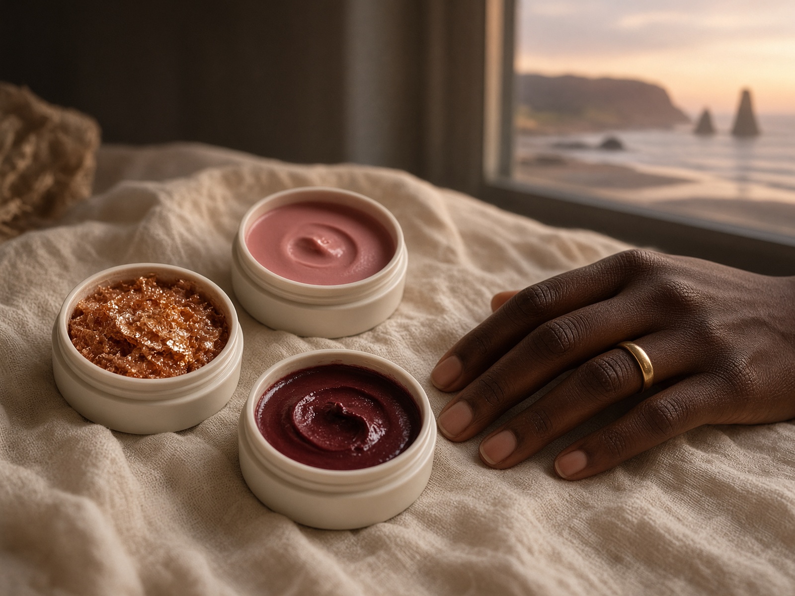 House creams: copper, hibiscus, oxblood on linen